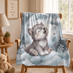 Personalized Wolf Pup Soft Throw Blanket with Name Home Decor Baby Shower Birthday Gift for Newborn Parent