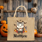 Personalized Halloween Cute Cartoon Bear Jute Bag with Name Halloween Party Gift for Kids Boys Girls