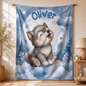 Personalized Wolf Pup Soft Throw Blanket with Name Home Decor Baby Shower Birthday Gift for Newborn Parent