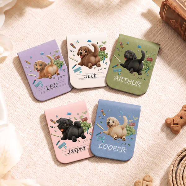 Personalised Cute Banknote Pencil Cartoon Dog PU Leather Magnetic Bookmark Clip with Name Back to School Library Bookish Birthday Gift for Bookworms