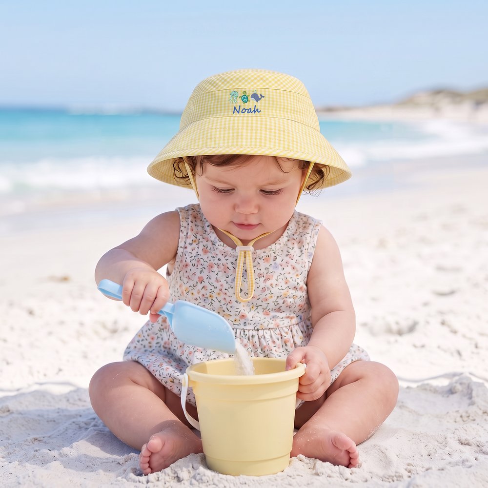 Personalised Summer Theme Gingham Toddler Baby Bucket Hat Sun Hat with Monogram and Name Beach Holiday Gift for Boys Girls 3