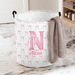 Personalized Large Waterproof Pink Coquette Bow Initial Name Laundry Basket with Handle Home Nursery Decor Birthday Gift for Baby Girls
