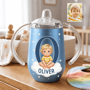 Vaso con boquilla y aislamiento térmico de 10 oz, personalizado con una simpática foto de dibujos animados, con nombre e iniciales: regalo para baby shower y cumpleaños, tanto para niños como para niñ