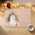 Personalized Watercolor Christmas Tree Pet Photo PU Leather Waterproof Pet Feeding Mat with Name Daily Use Christmas Gift for Pet Owner
