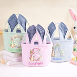 Personalised Cute Peter Rabbit Flower Butterfly Initial Bunny Ears Striped Easter Basket with Name Easter Eggs Hunting Party Favor Gift for Children