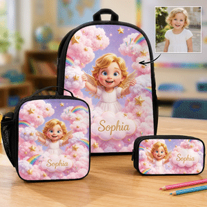 Personalized Angel Rainbow Backpack Lunch Bag Pencil Case Set of 3 with Photo and Name Back to School Gift for Girls