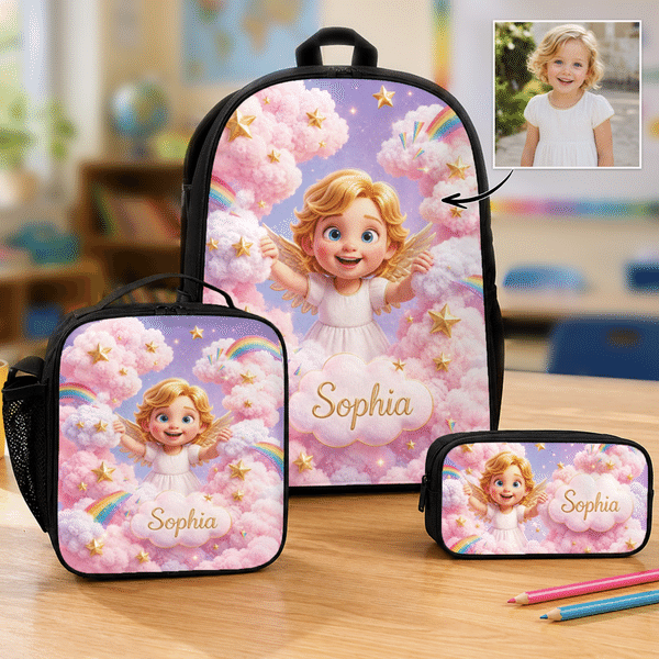 Personalized Angel Rainbow Backpack Lunch Bag Pencil Case Set of 3 with Photo and Name Back to School Gift for Girls