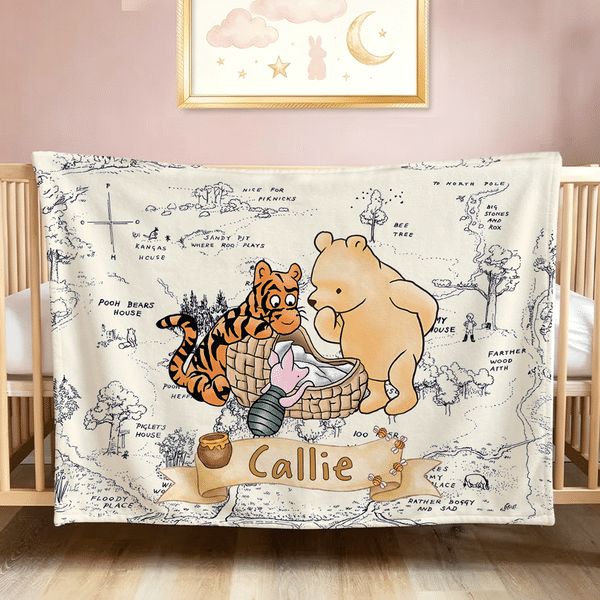 Personalized Classic Winnie the Pooh Map Soft Throw Blanket with Name Home Decor Birthday Gift for Kid