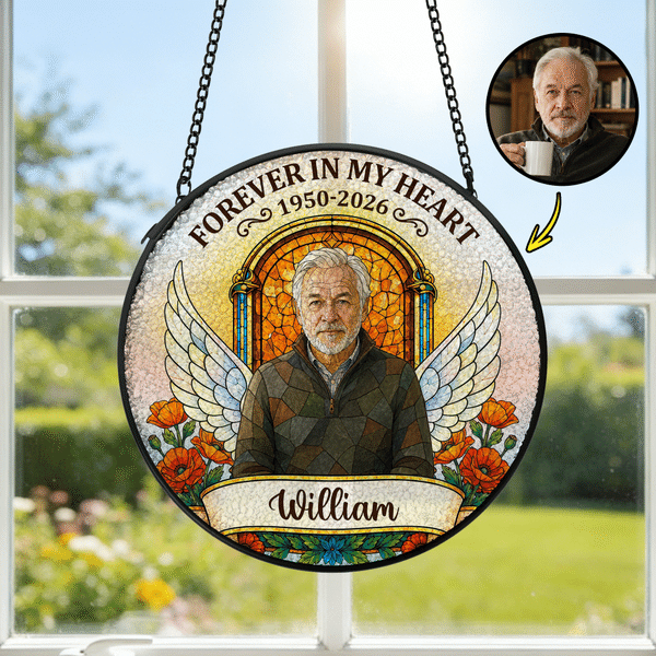 Personalised Flower Wings Stained Glass Style Photo Sun Catcher Ornament with Name Text and Year Home Decor Memorial Gift for Family Friend