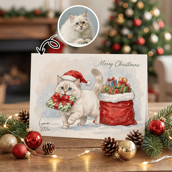 Personalized Watercolor Style Christmas Hat Pet Photo Greeting Card with Name Year and Text Christmas Gift for Family Friends Pet Owners