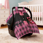 Personalised Cute Black Baby Bow Checkered Baby Car Seat Canopy with Name Privacy-Protective Outdoor Accessory Birthday Gift for Babies Newborns