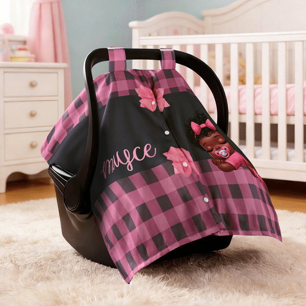 Capote personnalisée pour siège auto bébé, noire et mignonne, à carreaux, avec nœud et prénom – Accessoire d'extérieur préservant l'intimité – Cadeau d'anniversaire pour bébés et nouveau-nés