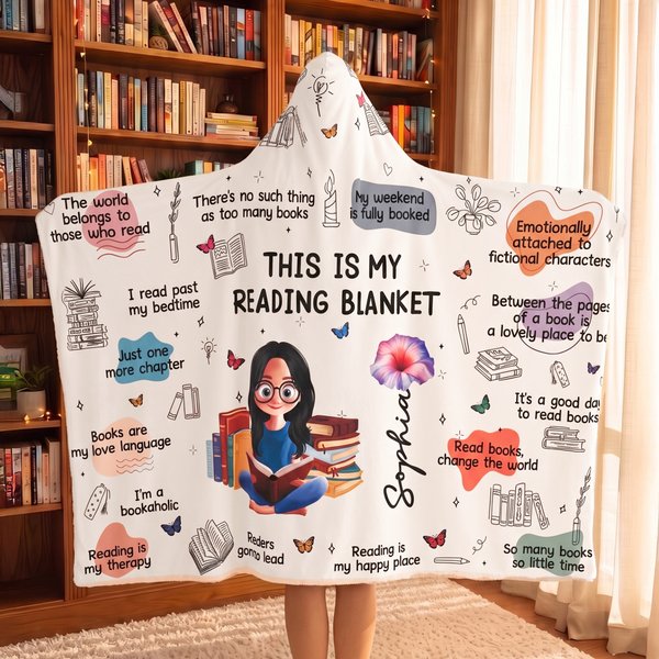 Personalised Birth Flower Cartoon Reading Girl Soft Throw Hooded Blanket with Name Birthday Gift for Librarians Book Lovers