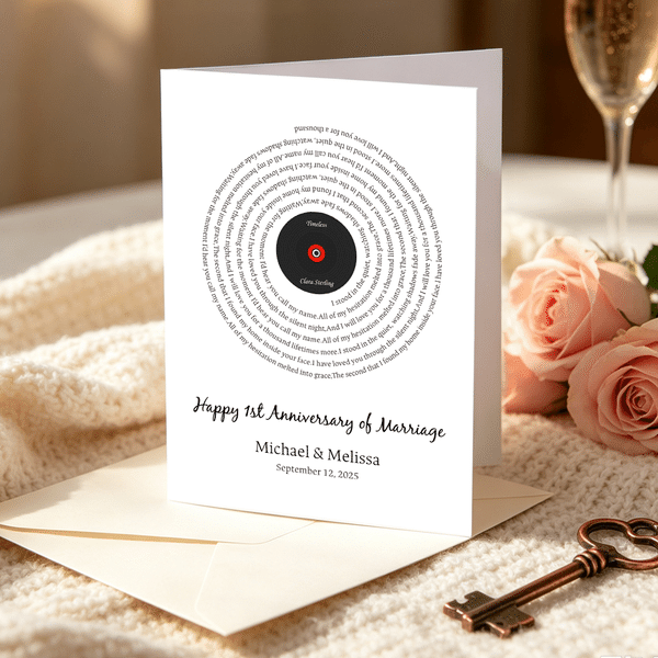 Personalized Vinyl Record Song Lyric Folded Greeting Card with Envelope and Text Wedding Anniversary Birthday Gift for Couple