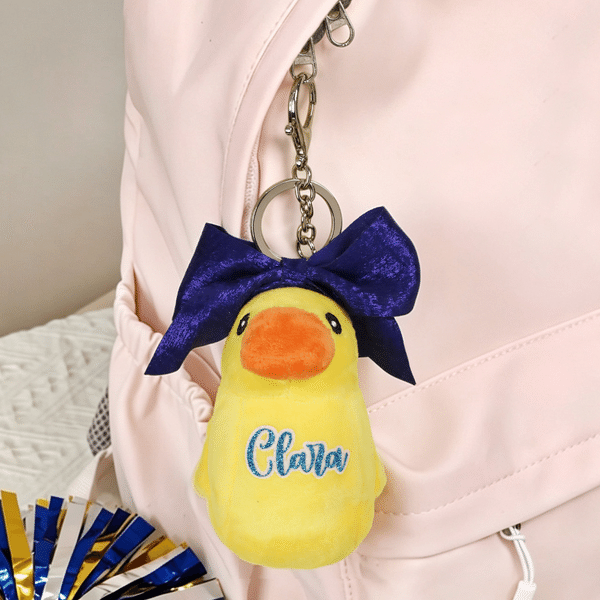 Personalized Multicolor Bow Cheer Stuffed Yellow Duck Keychain Bag Tag with Name Competition Birthday Gift for Kids Students Cheerleaders