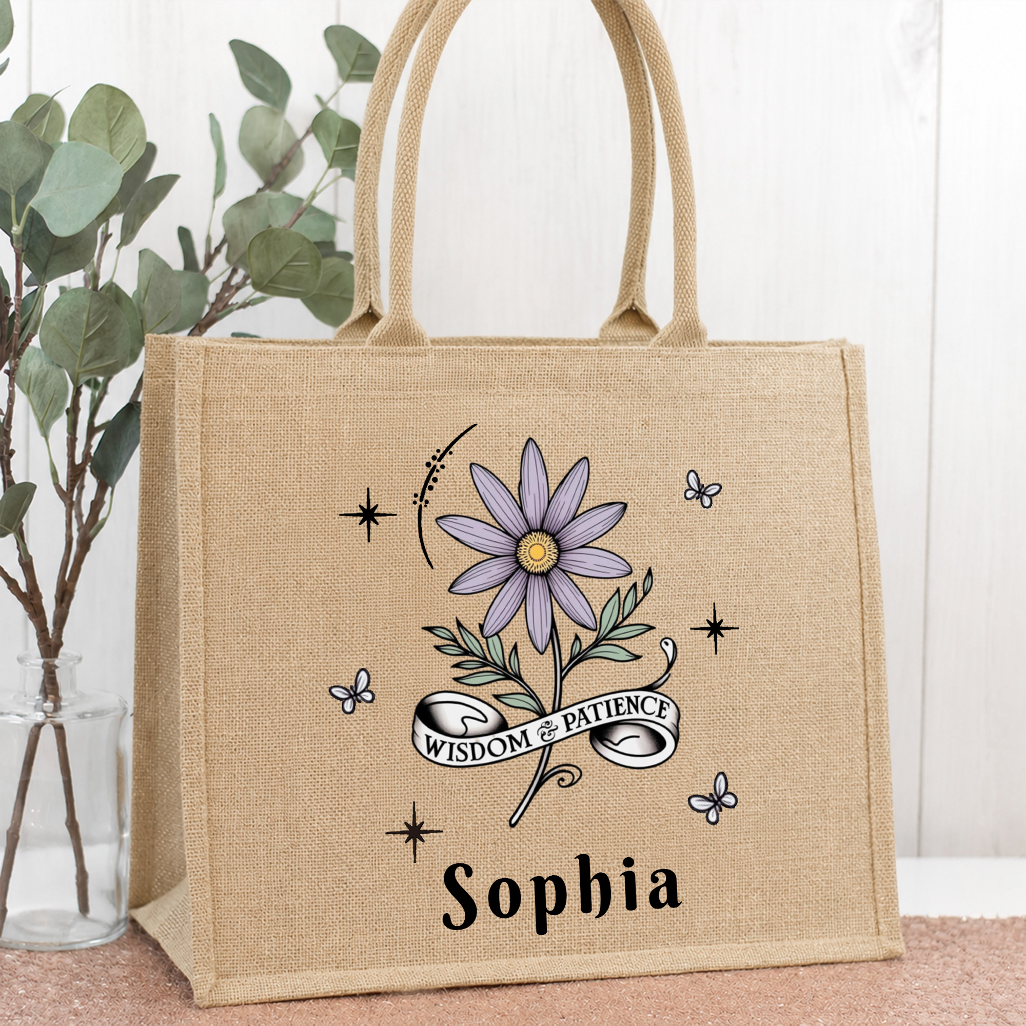 Personalised Birth Flower Large Capacity Jute Bag with Name Anniversary Bridesmaid Proposal Birthday Gift for Mum Bridesmaid