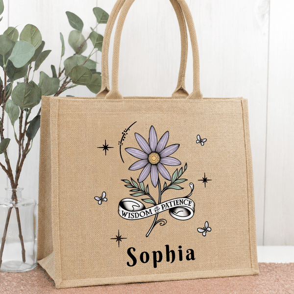 Personalized Birth Flower Large Capacity Jute Bag with Name Anniversary Bridesmaid Proposal Birthday Gift for Mom Bridesmaid