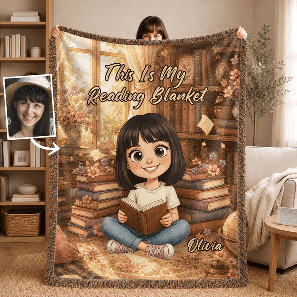 Personalised Retro Style Q-Version Character Photo Soft Tassel Throw Blanket with Name Home Decoration Birthday Reading Gift for Bookworms Book Lovers