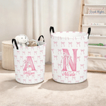 Personalized Large Waterproof Pink Coquette Bow Initial Name Laundry Basket with Handle Home Nursery Decor Birthday Gift for Baby Girls