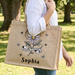 Borsa in juta personalizzata con fiore del mese di nascita, capiente, con nome: regalo per anniversario, damigella d’onore, proposta di matrimonio, compleanno per la mamma e damigella d’onore