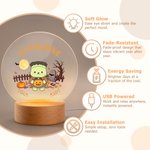 Personalized Halloween Cute Cartoon Bear Acrylic LED Night Light with Name and Wooden Base Room Decor Halloween Gift for Kids Boys Girls