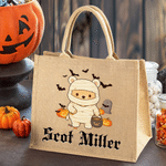 Personalized Halloween Cute Cartoon Bear Jute Bag with Name Halloween Party Gift for Kids Boys Girls