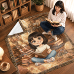 Personalised Retro Style Q-Version Character Photo Soft Tassel Throw Blanket with Name Home Decoration Birthday Reading Gift for Bookworms Book Lovers
