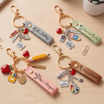 Personalized Birth Flower PU Leather Keychain with Name and Teach Theme Pendant Teacher's Day Back to School Gift for Teacher