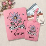 Personalized Wisdom & Patience Retro Birth Flower PU Leather Passport Holder Luggage Tag Set with Name Travel Essential Birthday Gift for Travel Lover