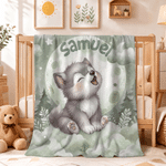 Personalized Wolf Pup Soft Throw Blanket with Name Home Decor Baby Shower Birthday Gift for Newborn Parent