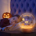 Personalized Halloween Cute Cartoon Bear Acrylic LED Night Light with Name and Wooden Base Room Decor Halloween Gift for Kids Boys Girls