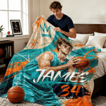 Personalised Graffiti Style Sport Photo Soft Blanket with Name and Number Home Use Birthday Gift for Basketball Players Friends