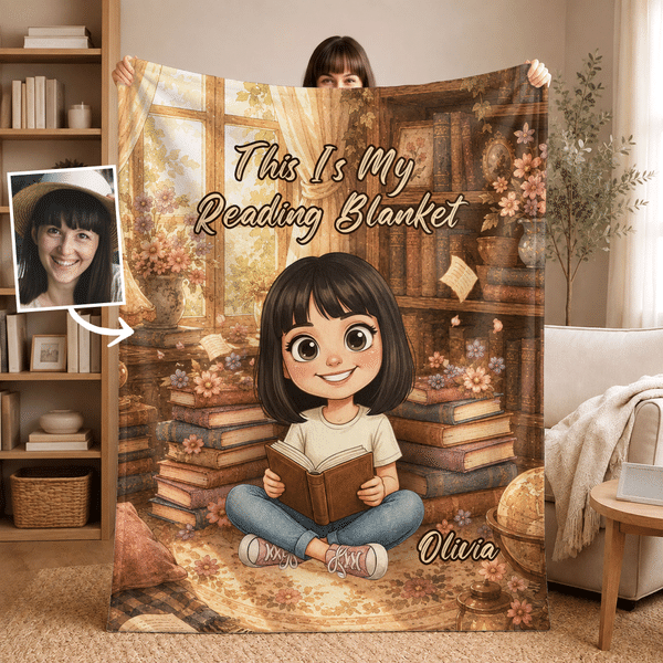 Personalised Just One More Chapter 3D-Style Character Artwork Photo Soft Blanket with Name Daily Use Birthday Gift for Book Lovers Friends