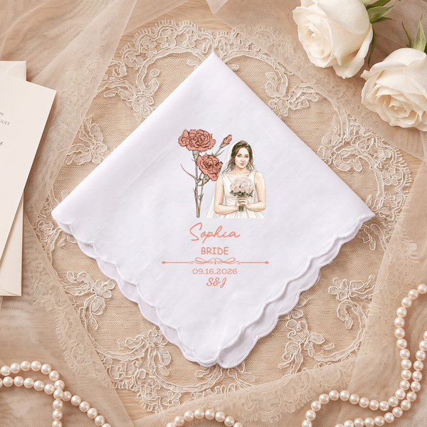 Personalized Watercolor Style Photo Birth Flower 100% Cotton Wedding Handkerchief with Names and Text Wedding Party Gift for Bride Groom Newlywed