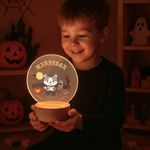 Personalized Halloween Cute Cartoon Bear Acrylic LED Night Light with Name and Wooden Base Room Decor Halloween Gift for Kids Boys Girls