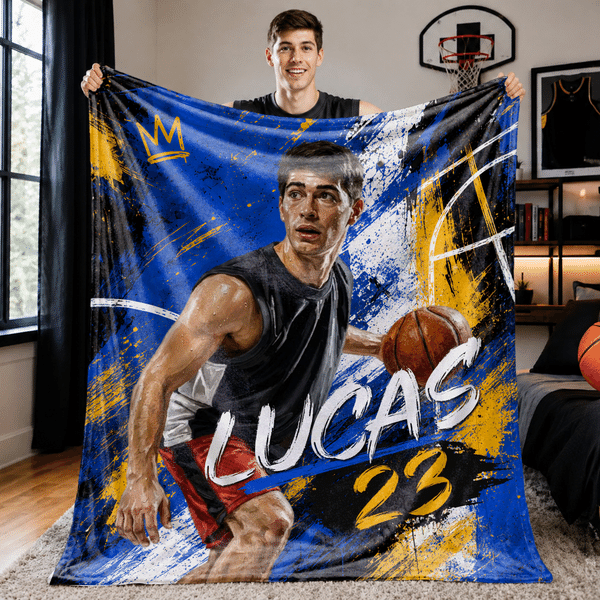 Personalised Graffiti Style Sport Photo Soft Blanket with Name and Number Home Use Birthday Gift for Basketball Players Friends