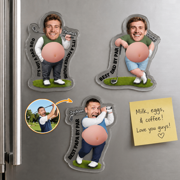 Personalised 3D-Style Artwork Big Belly Golfer Headshot Photo Clear Acrylic Fridge Magnet with Name and Text Home Decor Birthday Gift for Golf Lovers