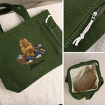 Personalized Yarn Knitting Cartoon Character Zippered Corduroy  Tote Bag with Name Daily Use Birthday Gift for Knitting Lovers Women