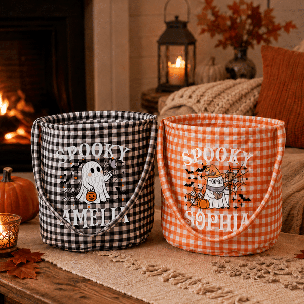 Personalised Halloween Theme Design Trick or Treat Checkered Sweets Bucket Bag with Name Halloween Party Gift for Kids