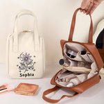 Neceser de maquillaje vintage personalizado, portátil, con el motivo de la flor del mes de nacimiento, de piel sintética de PU, con nombre; regalo de aniversario o de cumpleaños para mamá o novia