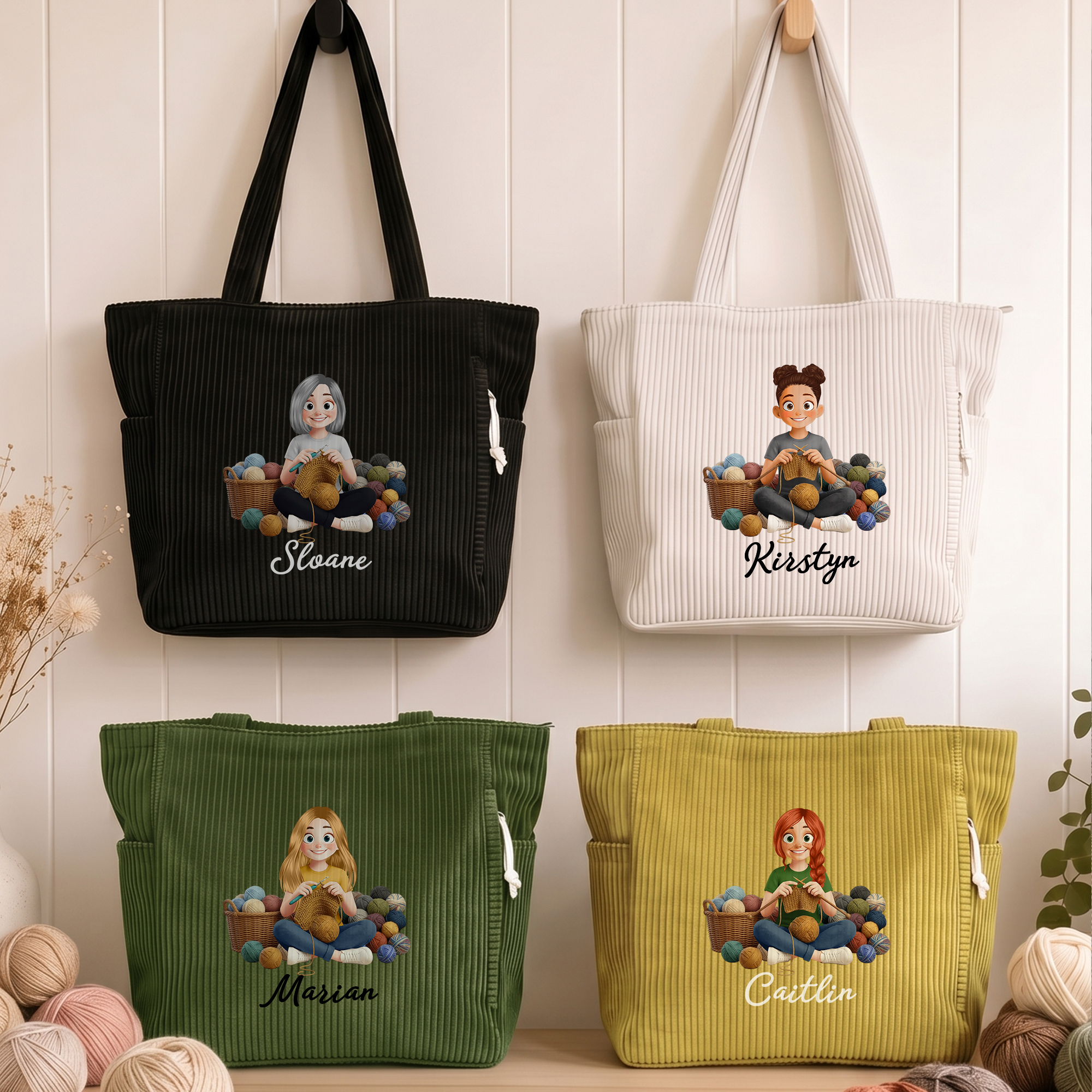Personalisierte Strick-Tote-Bag aus Cord mit Reißverschluss und Strick-Comicfigur sowie Namenszug – für den täglichen Gebrauch, als Geburtstagsgeschenk für strickbegeisterte Frauen