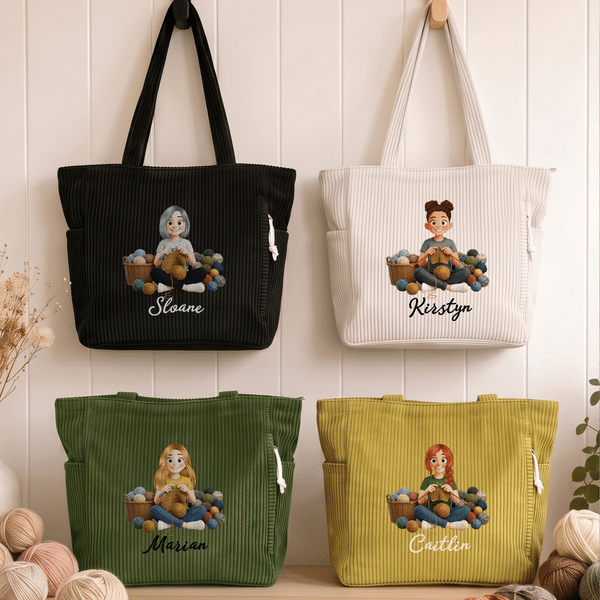 Personalized Yarn Knitting Cartoon Character Zippered Corduroy  Tote Bag with Name Daily Use Birthday Gift for Knitting Lovers Women