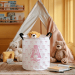 Personalized Large Waterproof Pink Coquette Bow Initial Name Laundry Basket with Handle Home Nursery Decor Birthday Gift for Baby Girls
