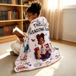 Personalised Birth Flower Cartoon Reading Girl Soft Throw Hooded Blanket with Name Birthday Gift for Librarians Book Lovers