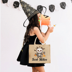 Personalized Halloween Cute Cartoon Bear Jute Bag with Name Halloween Party Gift for Kids Boys Girls