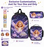 Personalized Angel Rainbow Backpack Lunch Bag Pencil Case Set of 3 with Photo and Name Back to School Gift for Girls