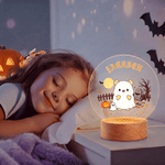Personalized Halloween Cute Cartoon Bear Acrylic LED Night Light with Name and Wooden Base Room Decor Halloween Gift for Kids Boys Girls