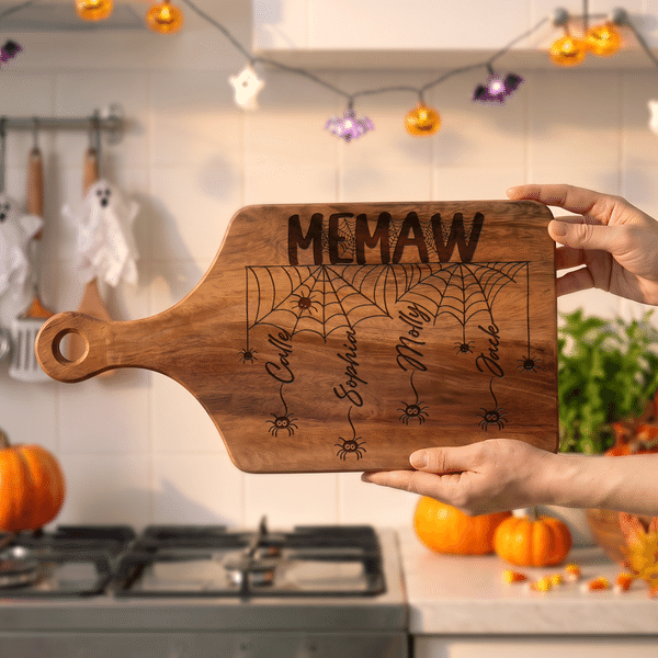Personalized Halloween Theme Spider Web Cutting Board with Grip and Engraved Name Housewarming Halloween Gift for Family