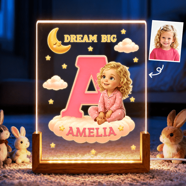 Personalized 3D-Effect Artwork Cartoon Character Photo Acrylic LED Night Light with Name and Wooden Base Bedroom Decor Birthday Gift for Kids