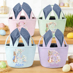 Personalised Cute Peter Rabbit Flower Butterfly Initial Bunny Ears Striped Easter Basket with Name Easter Eggs Hunting Party Favor Gift for Children